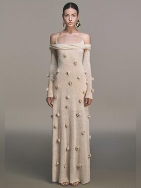 Montsand Beige Off-shoulder Floral Dress
